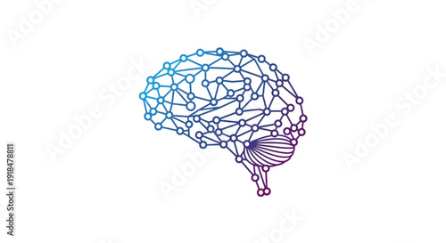 Digital illustration of a human brain with neural connections and abstract shapes from a front viewpoint.