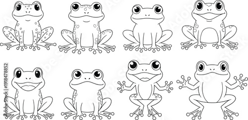 Cute frog cartoon collection, adorable amphibian outline illustrations for kids coloring book page set