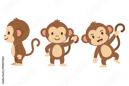 Cute playful monkey character set standing and waving in flat vector style for kids clipart