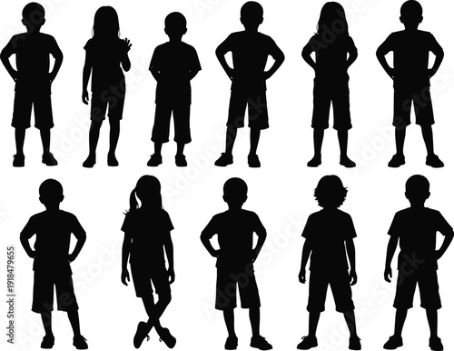 Children silhouettes collection, boys and girls standing poses isolated black vector illustration set on white background