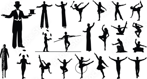 Circus performer silhouettes collection, magician juggler acrobat dancer ballet poses isolated vector illustration set for entertainment design