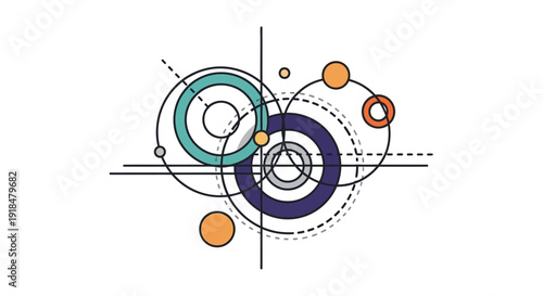 Abstract geometric shapes intersecting with circular forms and lines in a modern illustration from a front viewpoint