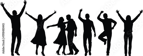 Dancing people silhouette set, happy men and women celebrating party isolated black vector illustration