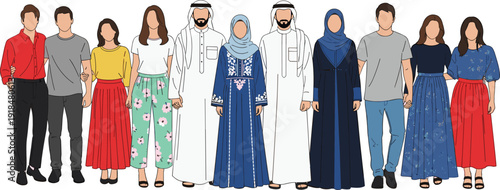 Diverse multicultural people standing together wearing traditional and modern clothing isolated on white background unity and cultural diversity concept