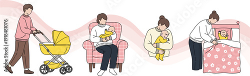 Mother caring for newborn baby at home, parenting routine with stroller feeding cuddling and bedtime illustration set