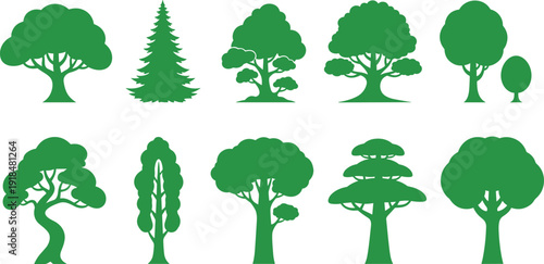 Green tree silhouettes collection, various forest and park trees isolated on white background vector illustration design set