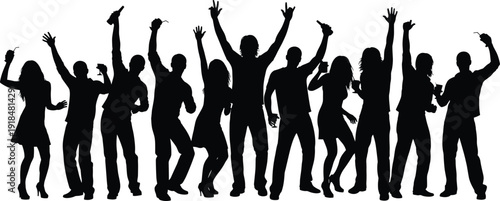 Silhouette group of people dancing at party, celebration crowd with raised hands isolated vector illustration