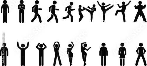 Human stick figure silhouette set, people walking fighting dancing standing icons isolated on white background vector illustration collection