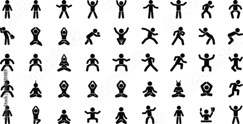 Human stick figure icons collection, people silhouettes in various poses yoga running jumping isolated vector illustration set
