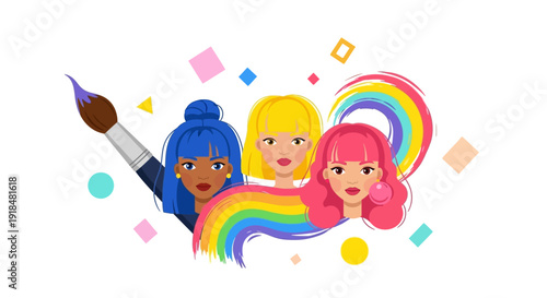 Diverse young women celebrating creativity with rainbow and paintbrush