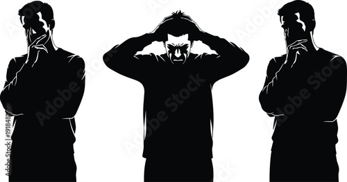 Stressed man silhouette collection, male person holding head and thinking isolated black vector illustration set