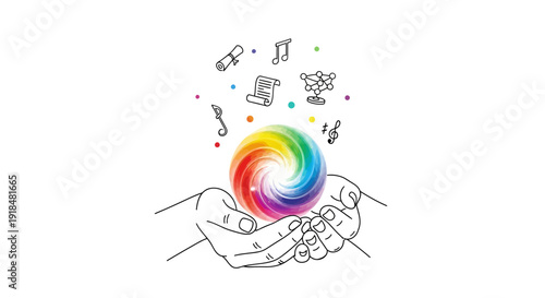 Vibrant hands cradling a swirling rainbow sphere with creative symbols