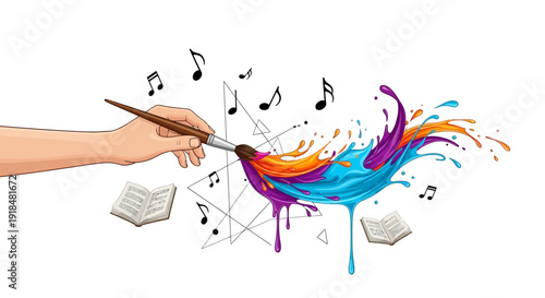 Vibrant artistic expression with paintbrush and colorful splashes