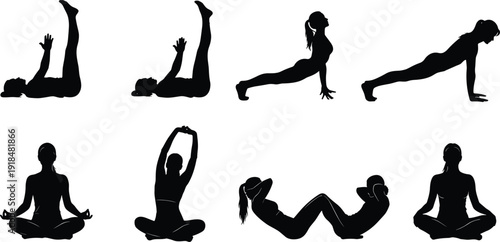 Yoga and fitness silhouette collection, women performing stretching, meditation and workout exercises isolated vector set