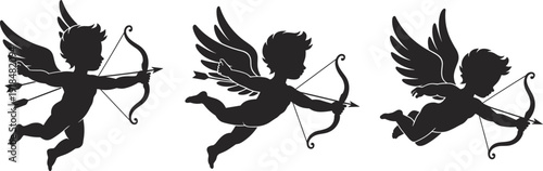 CAD drawing flat vector illustration, cupid silhouette collection, love and romance theme, black and white artwork, flying angel design, Valentine concept