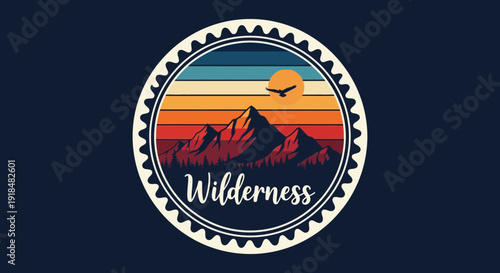 wilderness mountain sunset badge, nature landscape vintage design