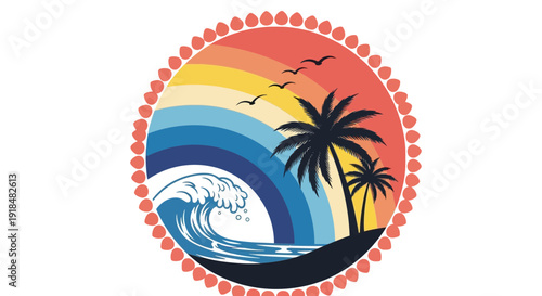 beach scene with rainbow and palm trees, summer vibes