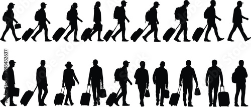 Travelers walking with luggage silhouette set, airport passenger people isolated black vector illustration collection