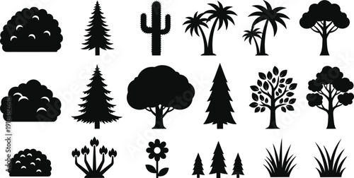 Tree and plant silhouettes collection including palm cactus pine bush flower icons isolated on white background vector set