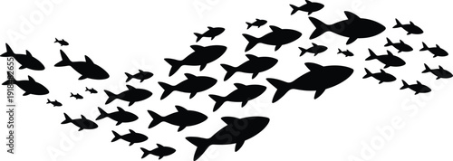 CAD drawing flat vector illustration, fish silhouette formation, teamwork concept design, marine animal unity, black and white artwork, ocean nature theme