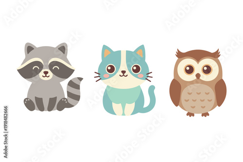 Cute forest and domestic animal collection with raccoon cat and owl in flat vector style
