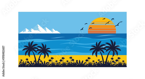 beach sunset landscape, tropical palms silhouette, ocean waves, summer vacation