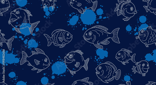 fish pattern navy background, aquatic life illustration