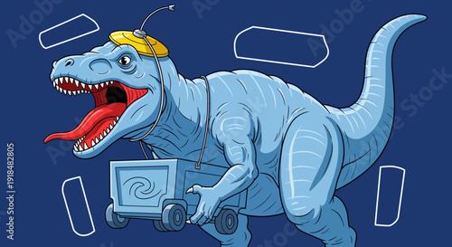 cartoon t-rex with cart and hat, blue dinosaur on blue background