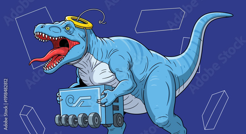 cartoon blue dinosaur with halo and train, digital illustration