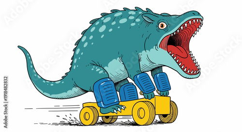 Cartoon dinosaur on wheels, roaring with open mouth, illustration