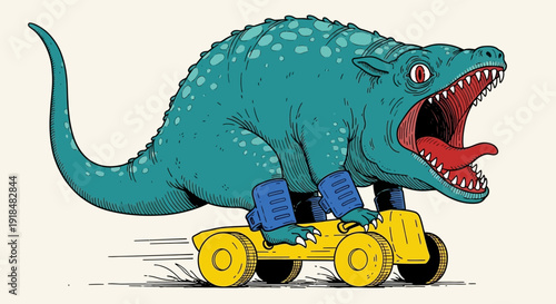 Monster toy ride, cartoon illustration, fantasy creature, retro style
