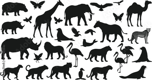 Wild animal silhouettes collection including elephant giraffe lion rhino camel birds and marine mammals isolated on white background