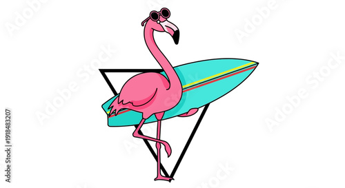 flamingo surfer with sunglasses and surfboard, summer vacation