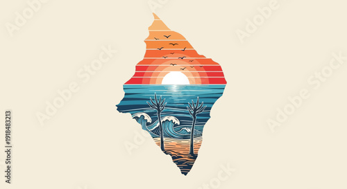 sunset ocean landscape illustration, coastal nature scene