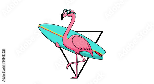 Flamingo surfer with sunglasses and surfboard on white background