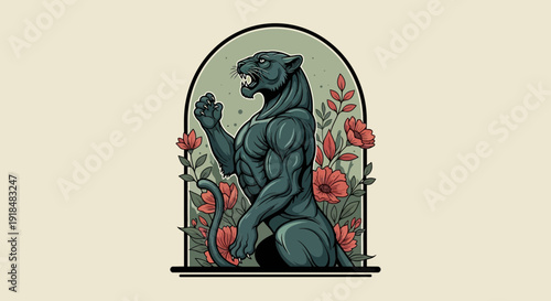 Muscular panther illustration with flowers in arch frame