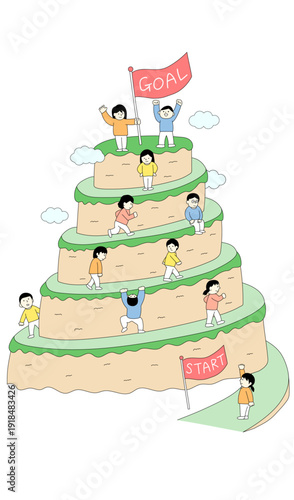 目標に向かってステップアップする人々のイラスト