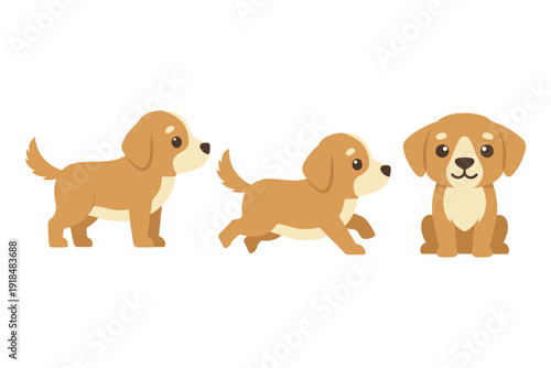 Cute golden retriever puppy character set walking and sitting in flat kawaii vector style