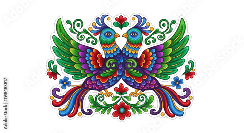 Vibrant symmetrical bird design with floral patterns and swirling motifs