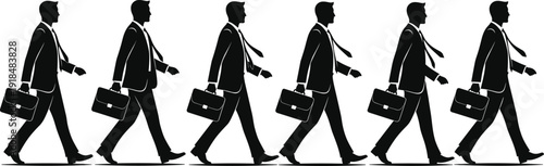 Businessman walking silhouette sequence, professional men carrying briefcase, office worker stride motion concept, black vector illustration isolated on white background