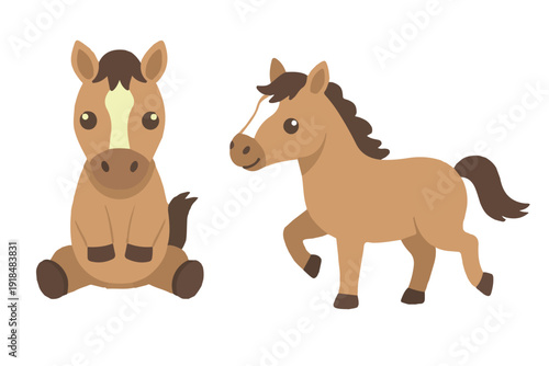 Kawaii brown horse character sitting and walking in flat vector style for farm animal and pony mascot