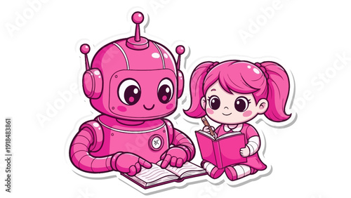 3D Cute A cartoon robot and girl reading a book together sitting closely