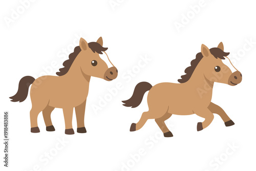 Cute brown horse character running and standing in flat vector style for farm animal mascot