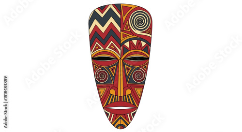 Vibrant tribal mask with geometric patterns and bold colors