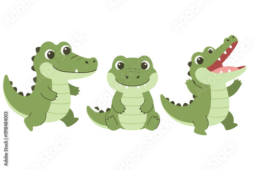 Kawaii baby crocodile or alligator character collection in flat vector style for jungle mascot