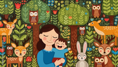 Mother holding baby surrounded by forest animals and trees in a whimsical illustration
