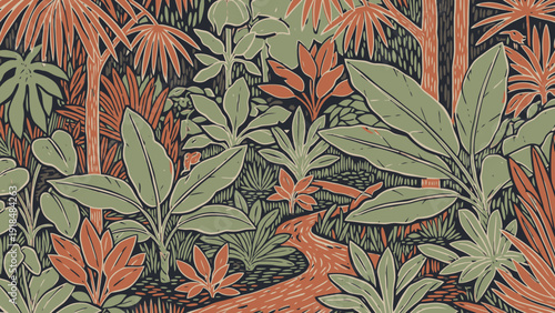 Vibrant tropical forest illustration featuring lush foliage, exotic plants, and dense greenery from an overhead viewpoint
