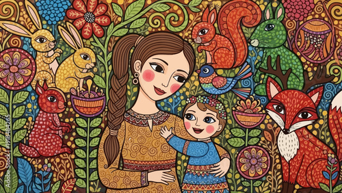 Mother and child surrounded by vibrant forest animals and lush foliage in a whimsical illustration