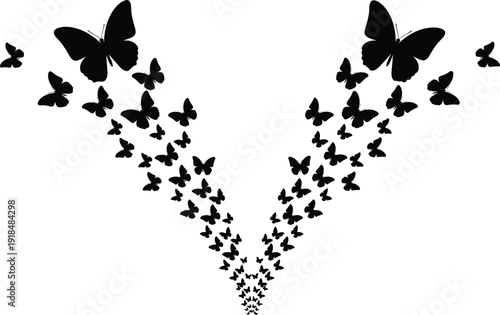 Butterfly silhouette swarm composition, flying insects forming abstract heart shape isolated on white background, nature symbolism black vector illustration design