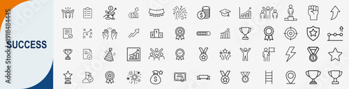 Success and achievement icons set, outline symbols for business growth victory career milestones and celebration vector illustration
